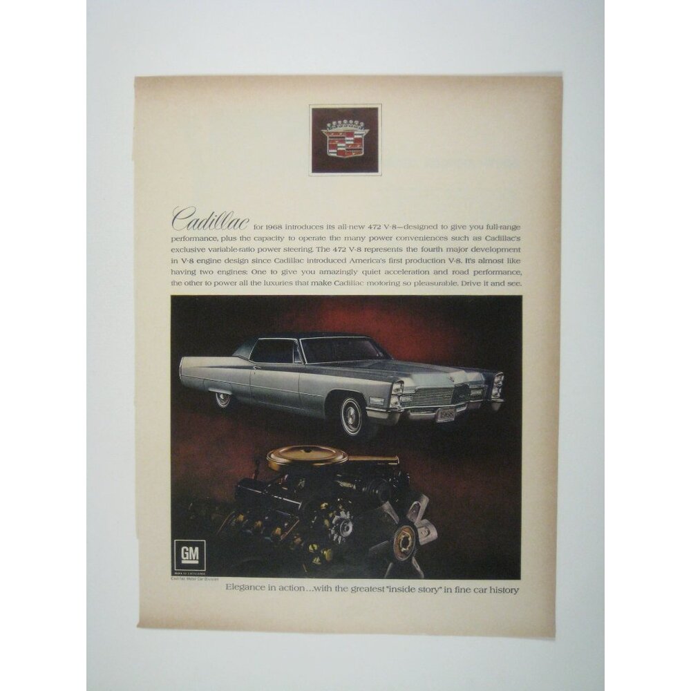 1968 Cadillac 472 V8 Engine Advertisement Print GM Luxury Car